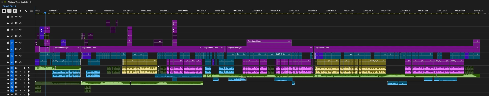Premiere Pro editing timeline for The Wildcards